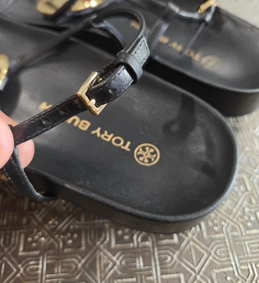 🐢 Tory Burch Patos Disk Black and Gold Leather Sandals. Size 9.5
